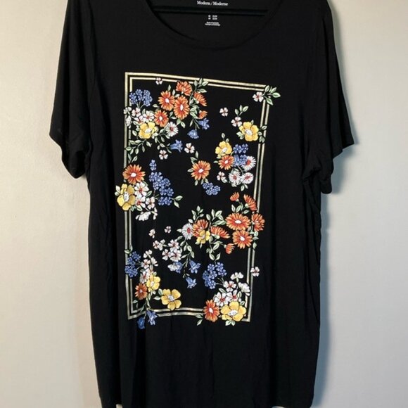 Addition Elle t-shirt round neck  tee black floral short sleeve - Picture 2 of 6